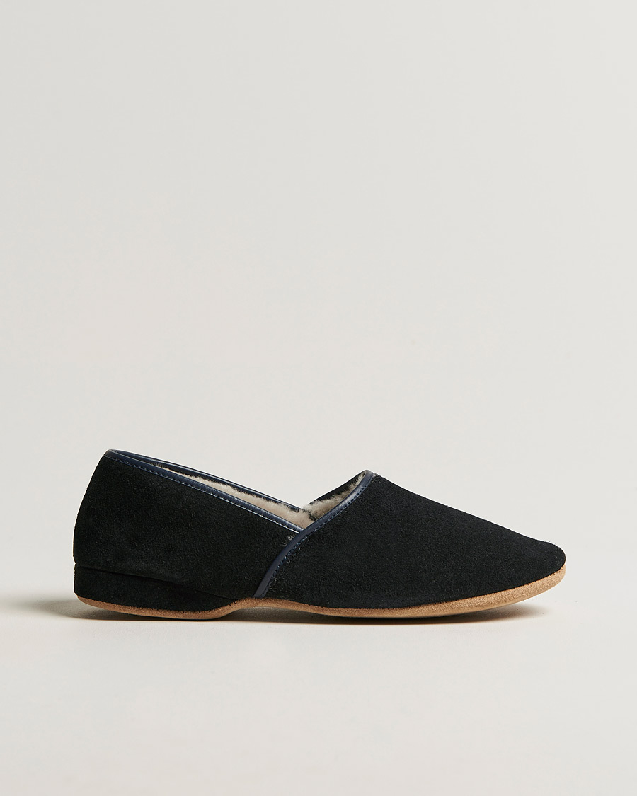Herr | Derek Rose Crawford Sheepskin Suede Slippers Navy | Derek Rose | Crawford Sheepskin Suede Slippers Navy