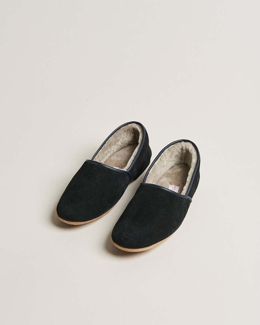Herr | Derek Rose Crawford Sheepskin Suede Slippers Navy | Derek Rose | Crawford Sheepskin Suede Slippers Navy