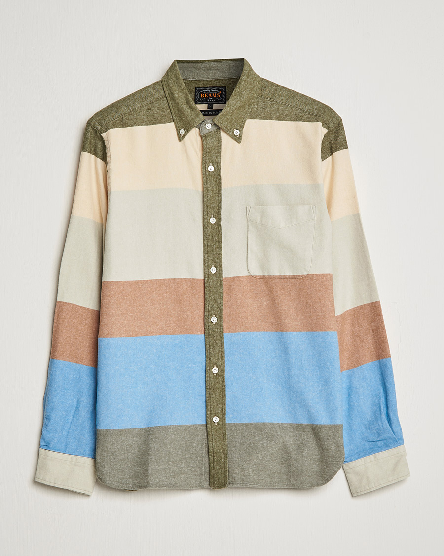 Herr | Skjortor | BEAMS PLUS | Flannel Multi Stripe Shirt Olive/Cream