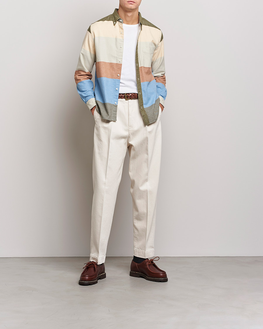 Herr | Skjortor | BEAMS PLUS | Flannel Multi Stripe Shirt Olive/Cream