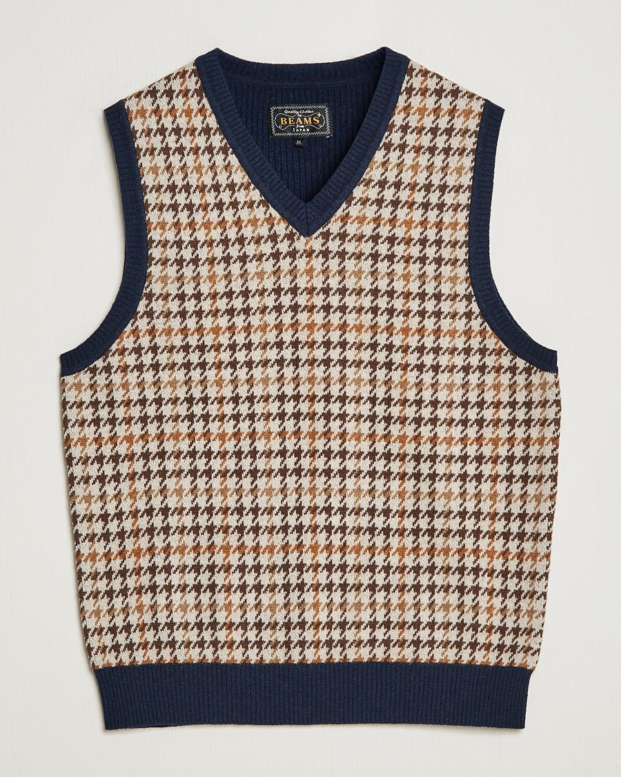 Herr | Tröjor | BEAMS PLUS | Tartan Check Knit Vest Navy/Beige