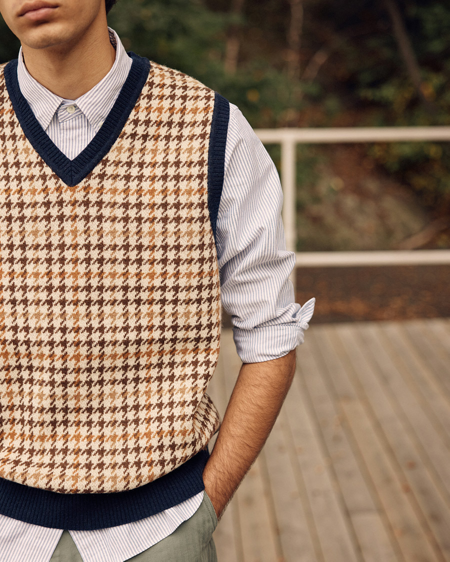 Herr | Tröjor | BEAMS PLUS | Tartan Check Knit Vest Navy/Beige