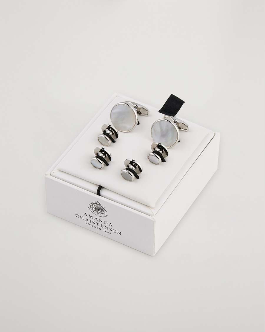 Herr | Manschettknappar | Amanda Christensen | Cufflink & Shirt Studs Set White/Silver
