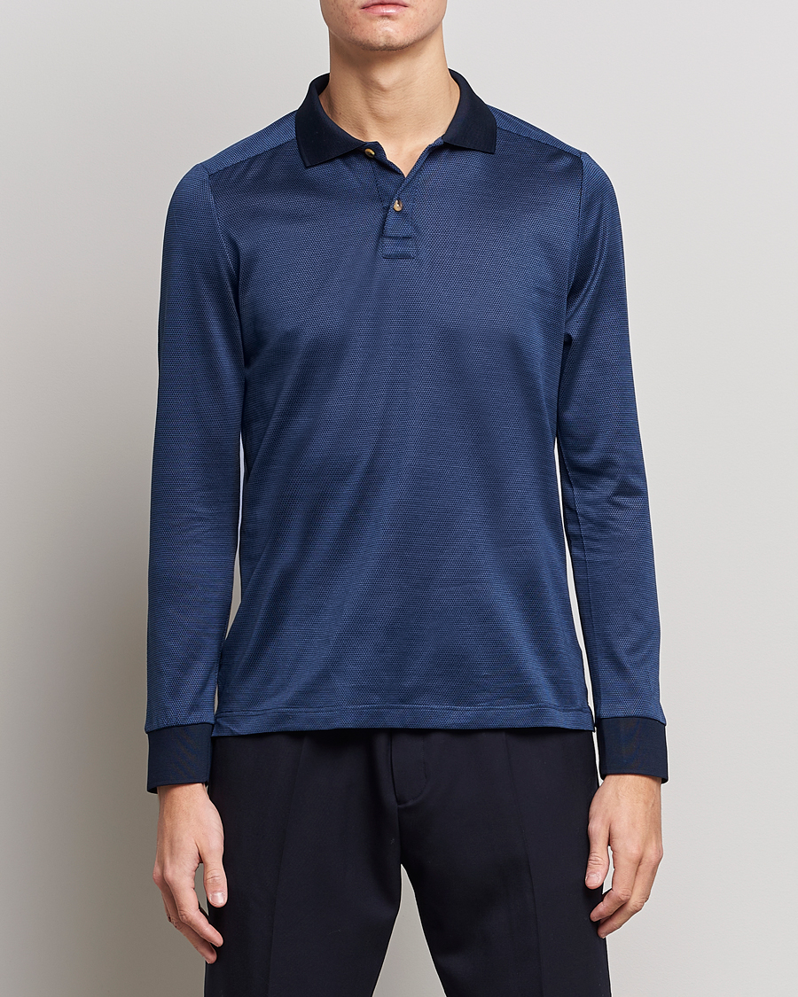 Herr | Långärmade pikéer | Eton | Knit Jaquard Polo Shirt Blue