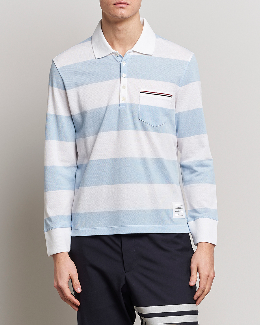 Herr | Långärmade pikéer | Thom Browne | Rugby Stripe Long Sleeve Polo Light Blue
