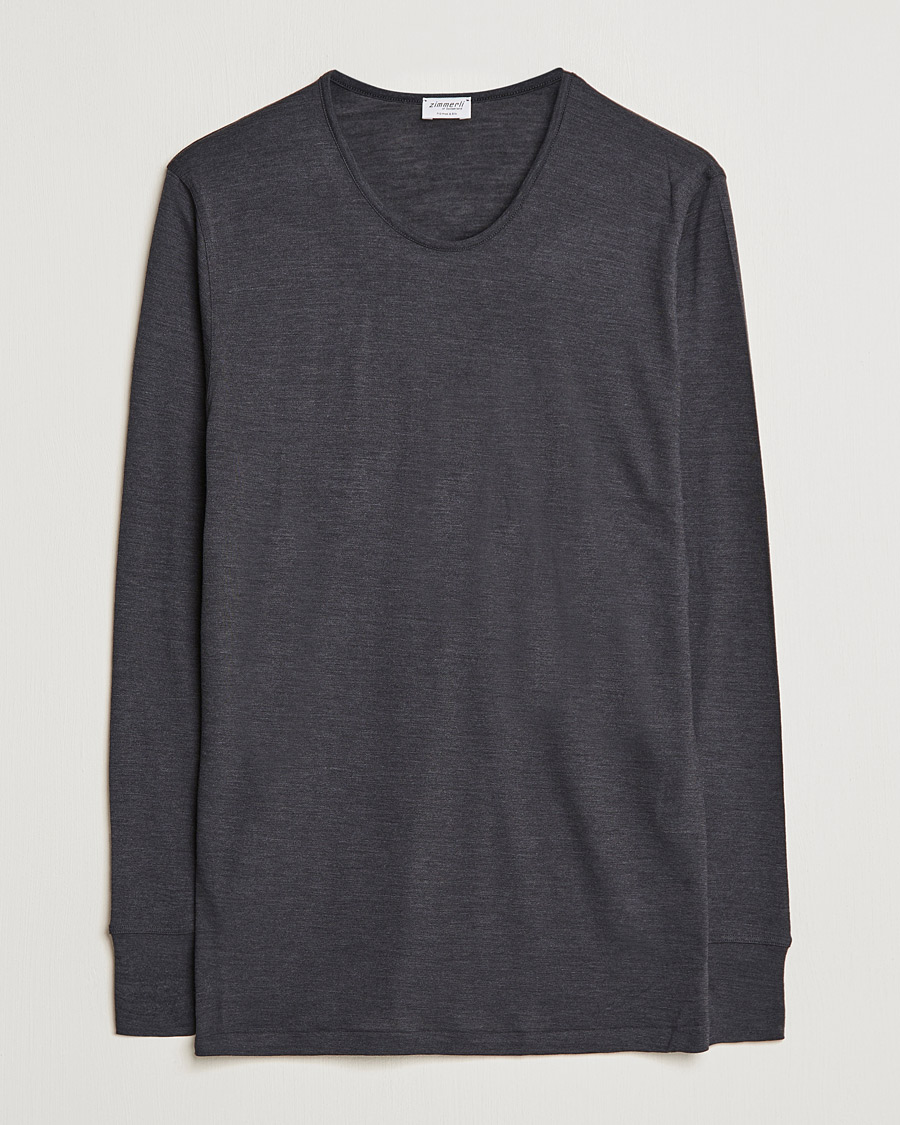 Herr | T-Shirts | Zimmerli of Switzerland | Wool/Silk Long Sleeve T-Shirt Charcoal