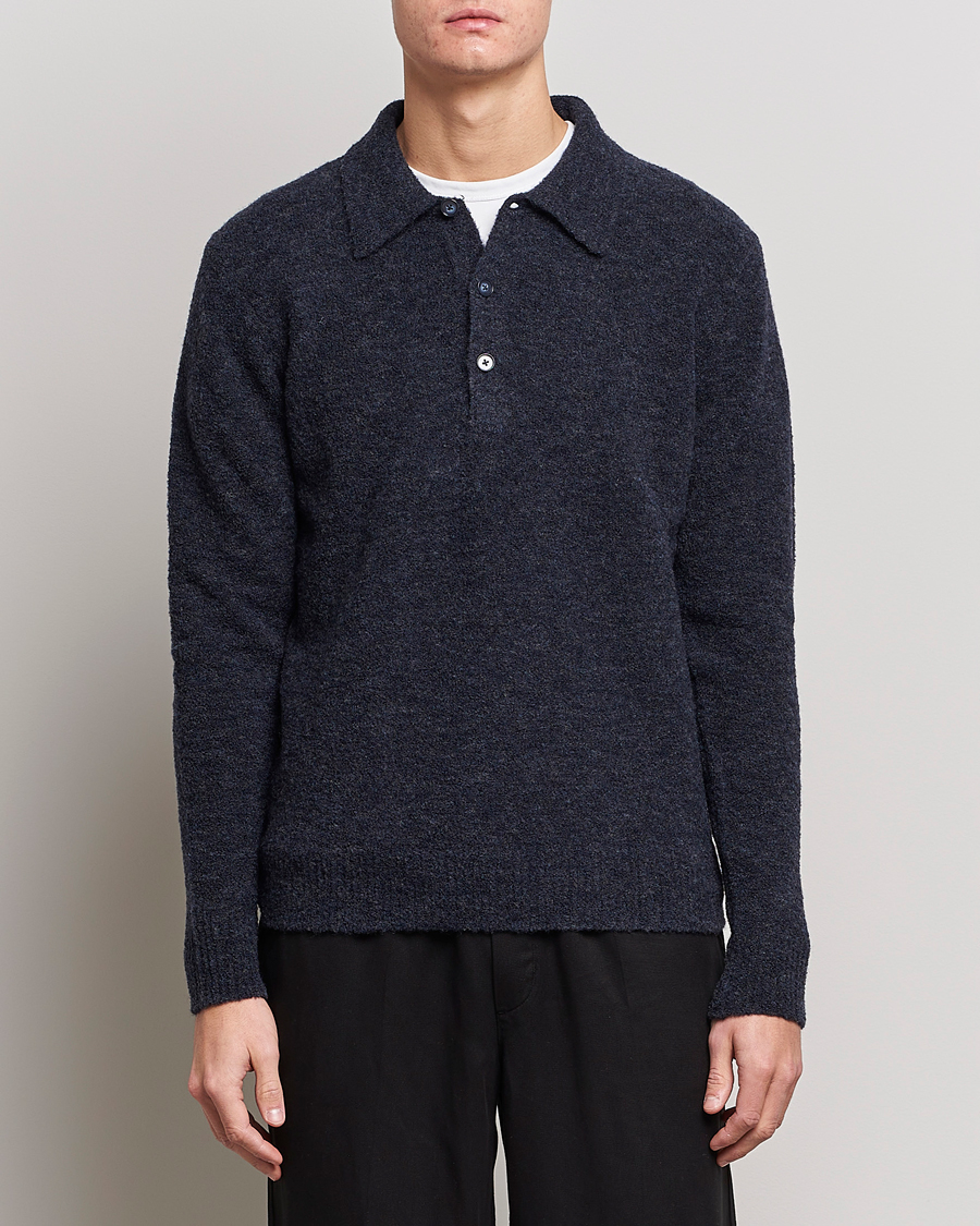 Herr | Stickade pikéer | NN07 | Alfie Boiled Wool Knitted Polo Blue Melange