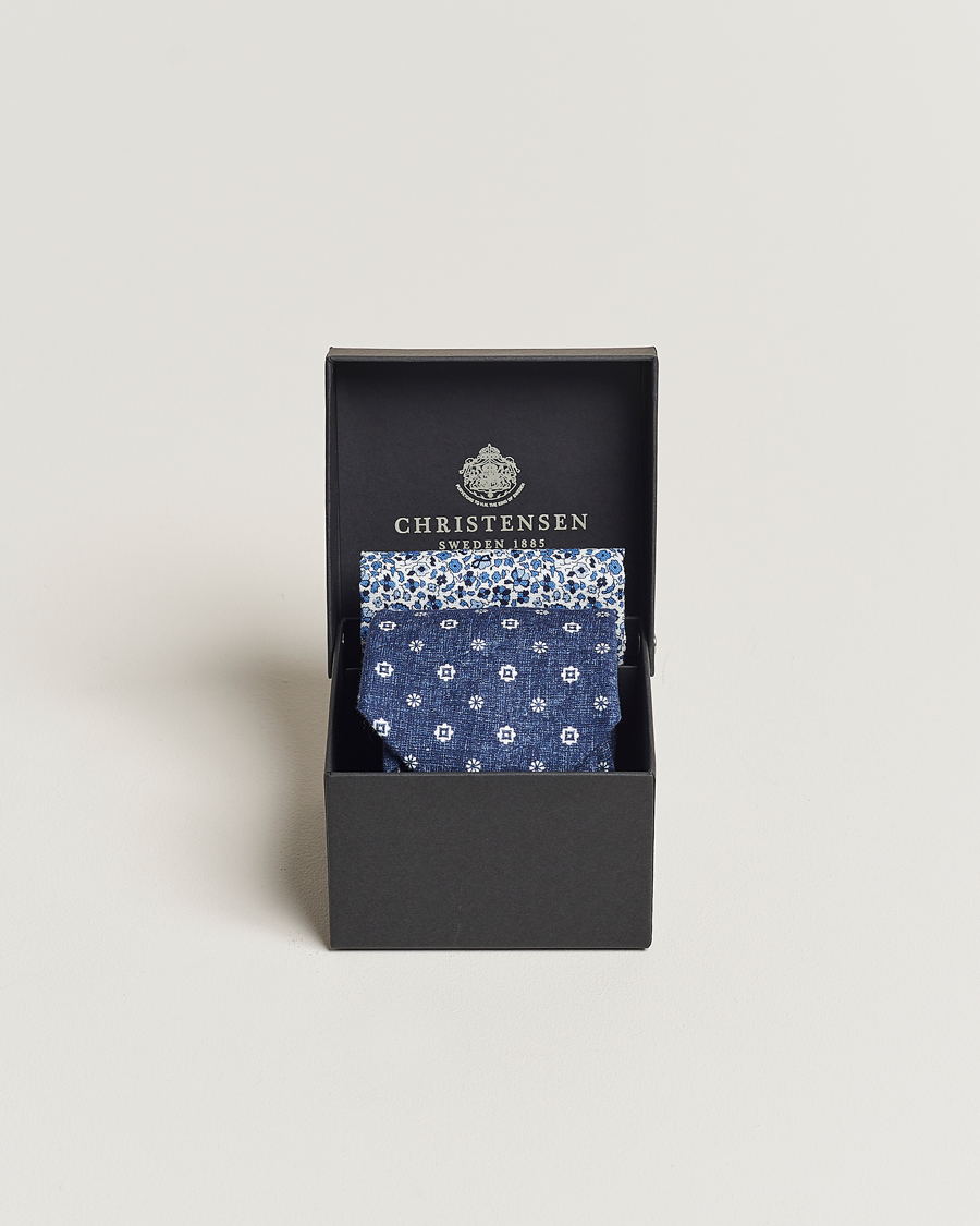 Herr | Amanda Christensen Box Set Printed Linen 8cm Tie With Pocket Square Navy | Amanda Christensen | Box Set Printed Linen 8cm Tie With Pocket Square Navy