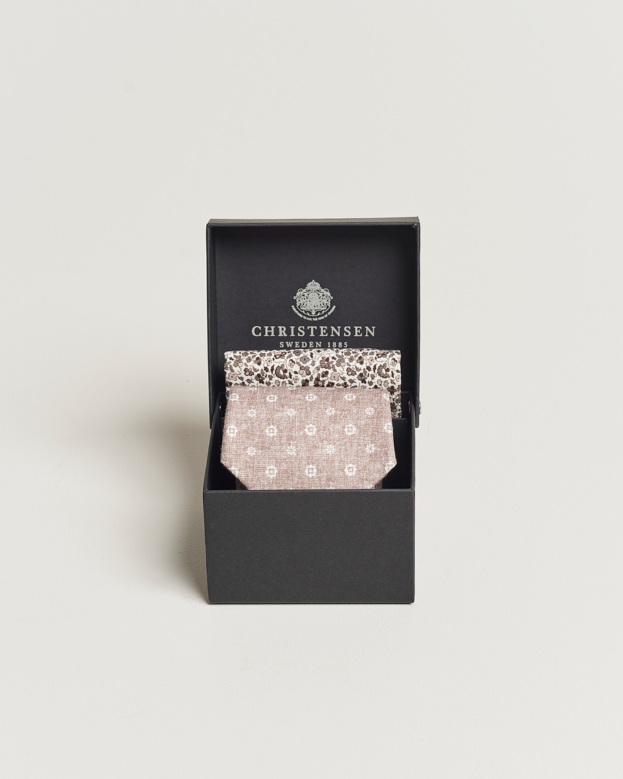 Herr | Amanda Christensen Box Set Printed Linen 8cm Tie With Pocket Square Beige | Amanda Christensen | Box Set Printed Linen 8cm Tie With Pocket Square Beige