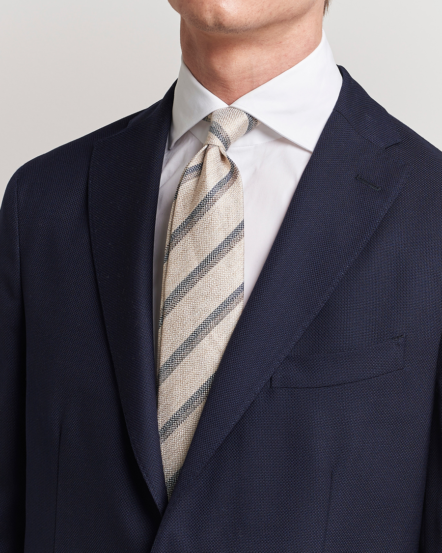 Herr | Amanda Christensen Silk/Linen Striped 8cm Tie Natural | Amanda Christensen | Silk/Linen Striped 8cm Tie Natural