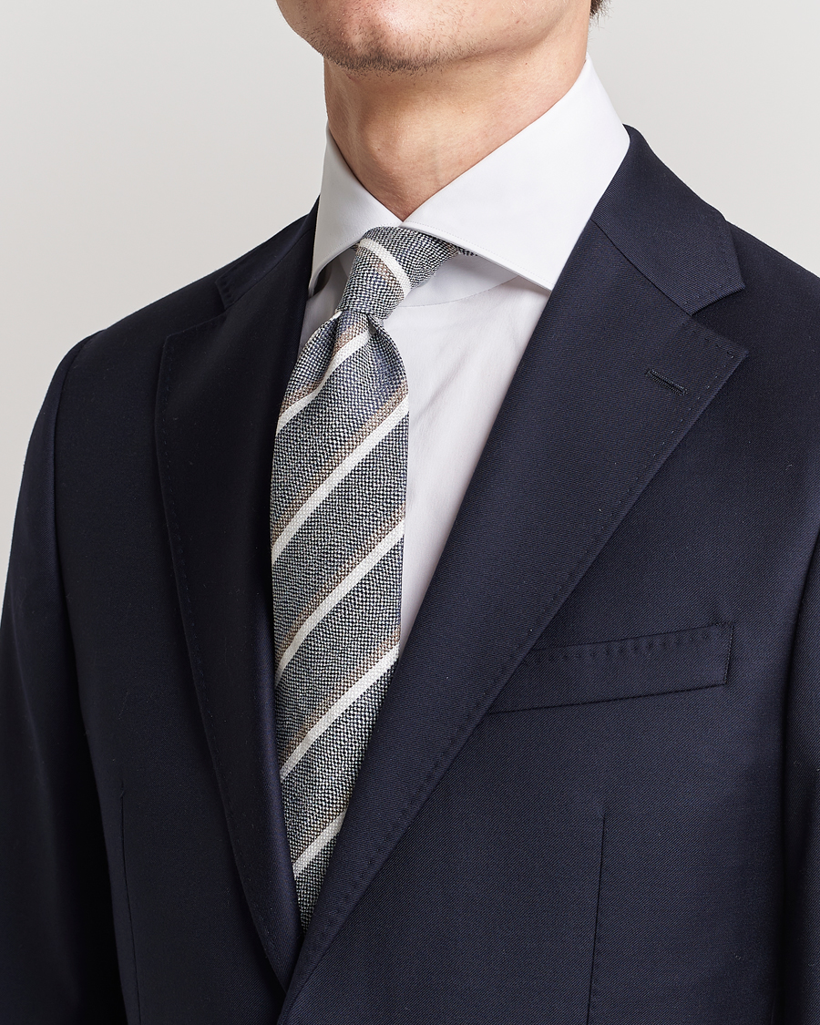 Herr | Amanda Christensen Silk/Linen Striped 8cm Tie Navy | Amanda Christensen | Silk/Linen Striped 8cm Tie Navy