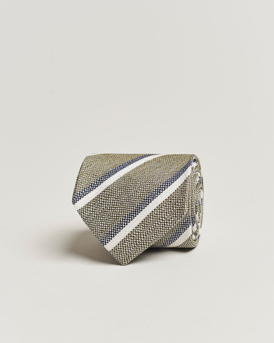 Herr | Amanda Christensen Silk/Linen Striped 8cm Tie Olive | Amanda Christensen | Silk/Linen Striped 8cm Tie Olive