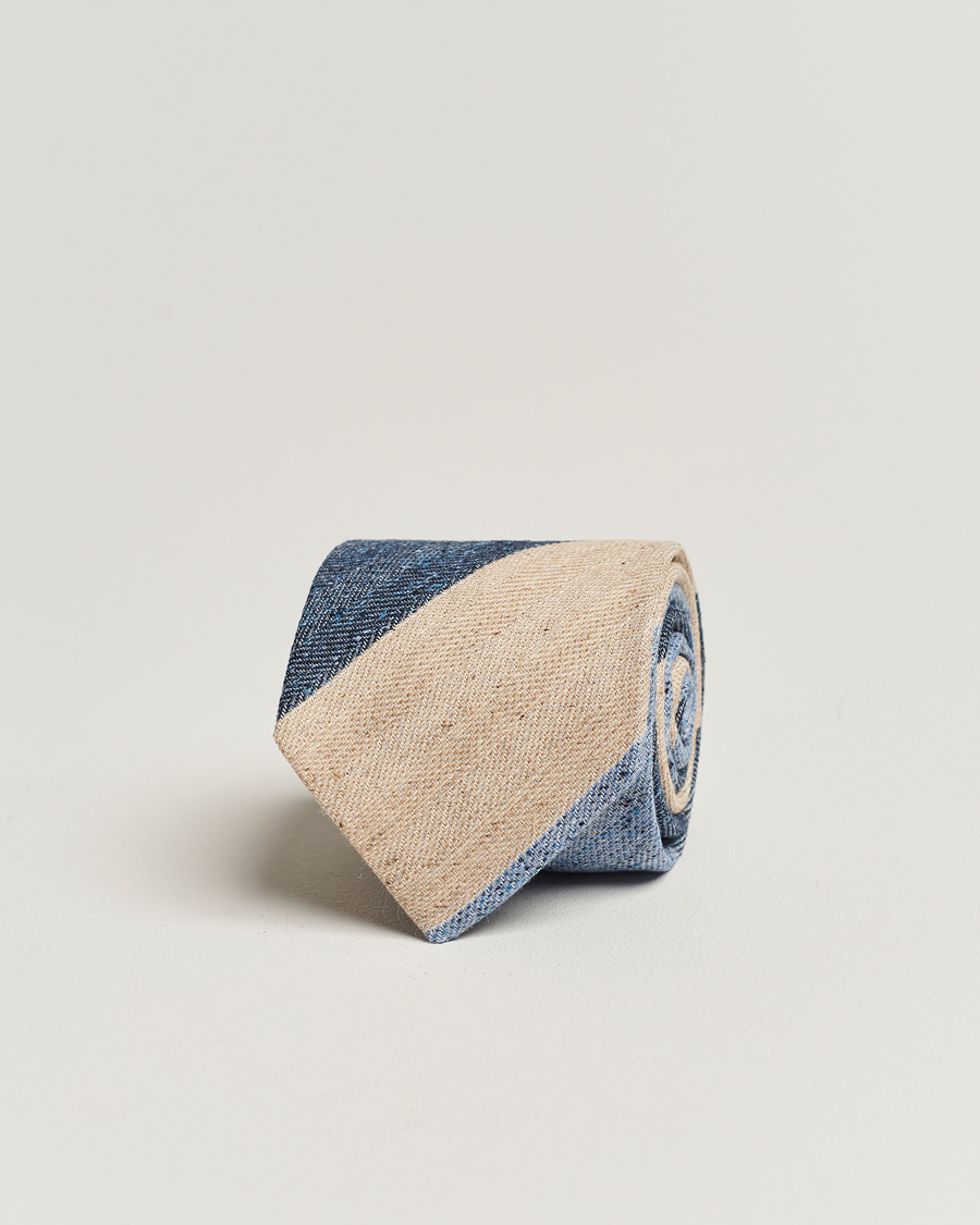 Herr | Amanda Christensen Silk/Linen/Cotton Block Striped 8cm Tie Navy/Blue/Beige | Amanda Christensen | Silk/Linen/Cotton Block Striped 8cm Tie Navy/Blue/Beige