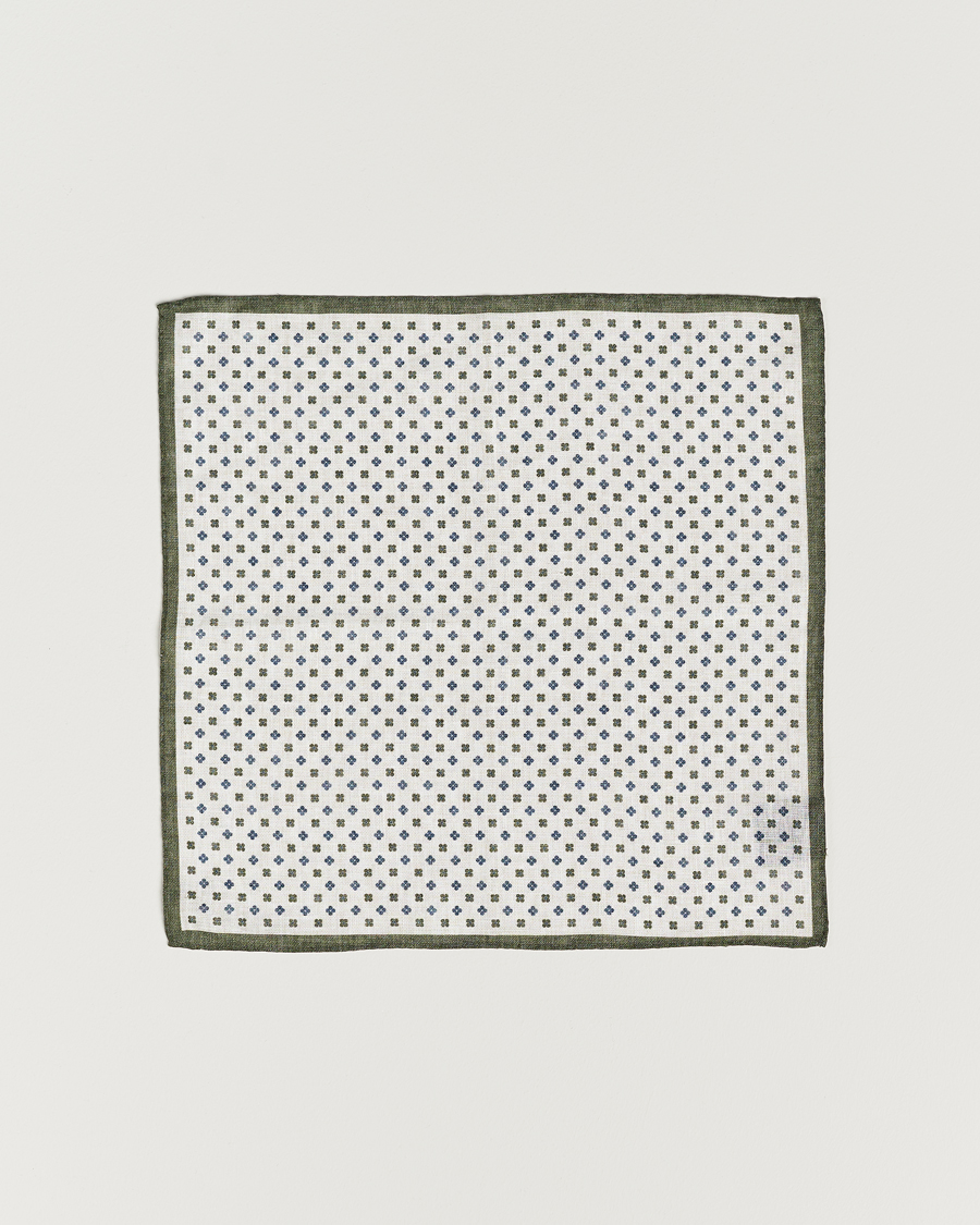 Herr | Amanda Christensen Linen Paspoal Printed Flower Pocket Square White/Green | Amanda Christensen | Linen Paspoal Printed Flower Pocket Square White/Green