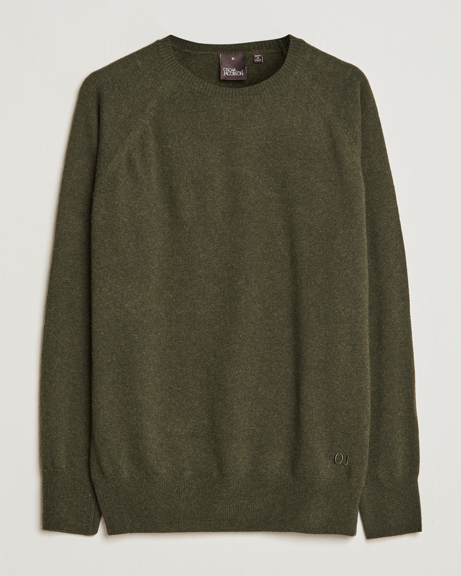 Herr | Tröjor | Oscar Jacobson | Gustaf Lambswool Raglan Crew Neck Moss Green