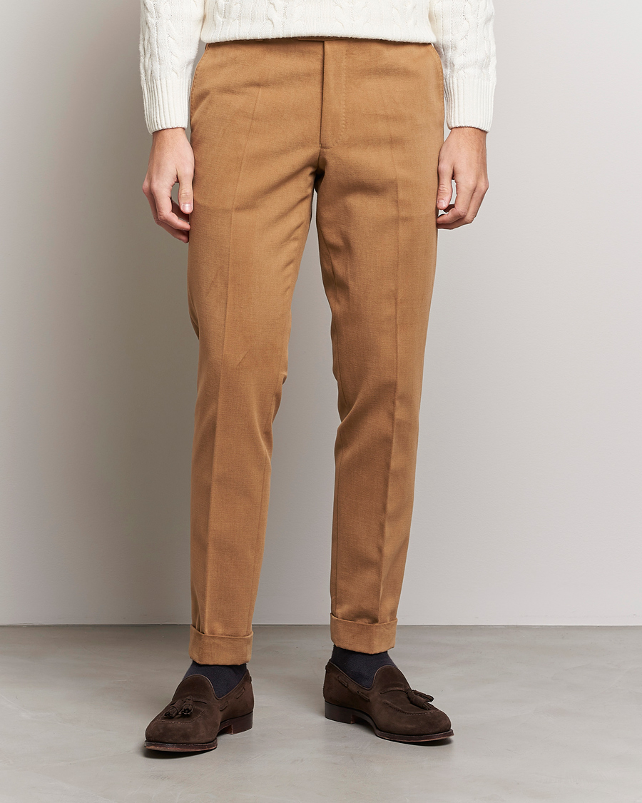 Herr | Byxor | Oscar Jacobson | Denz Brushed Cotton Turn Up Trousers Beige