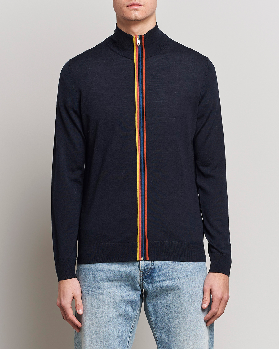 Herr |  | Paul Smith | Full Zip Stripe Wool Cardigan Navy