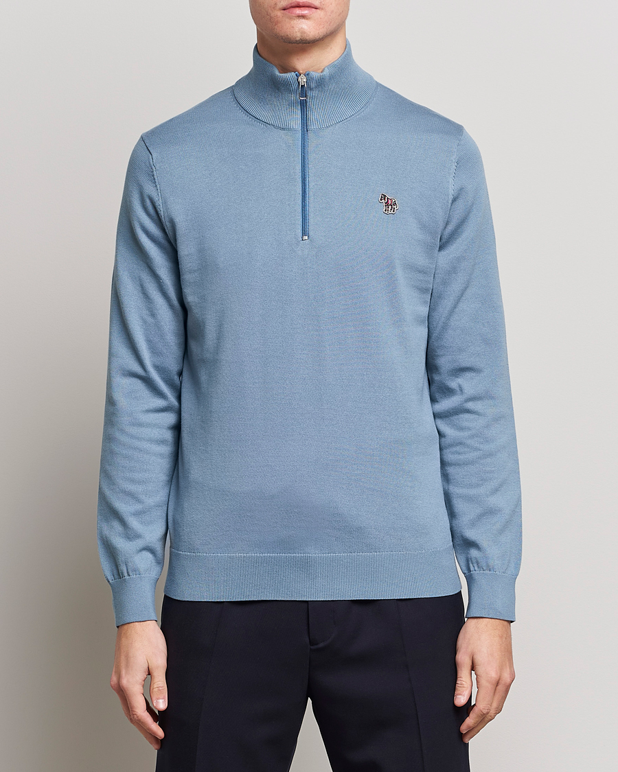 Herr | Tröjor | PS Paul Smith | Zebra Organic Cotton Knitted Half Zip Light Blue