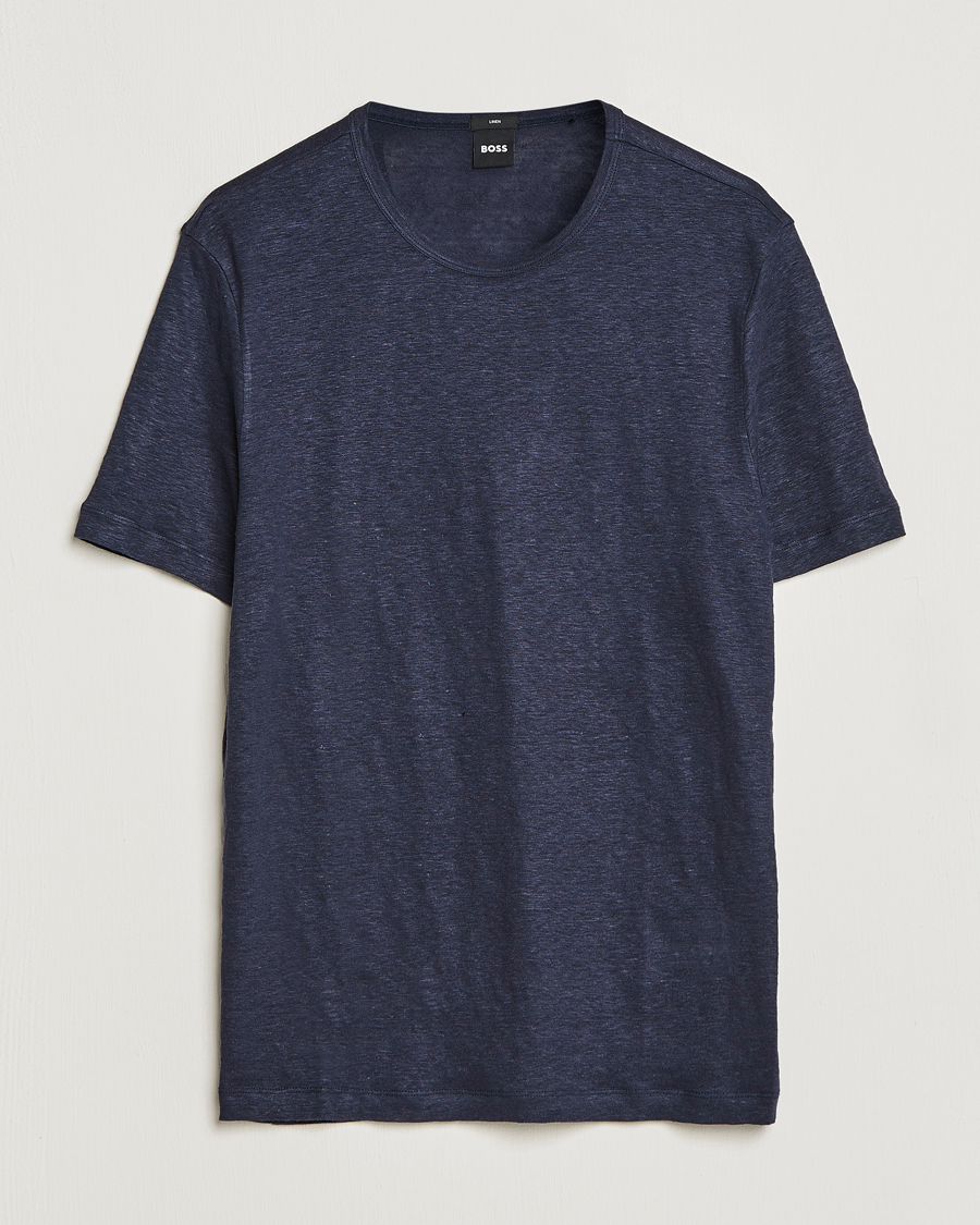Herr | T-Shirts | BOSS BLACK | Tiburt Linen Crew Neck T-Shirt Dark Blue