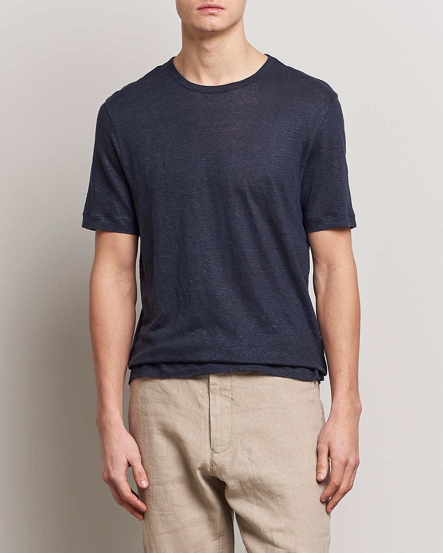 Herr | T-Shirts | BOSS BLACK | Tiburt Linen Crew Neck T-Shirt Dark Blue