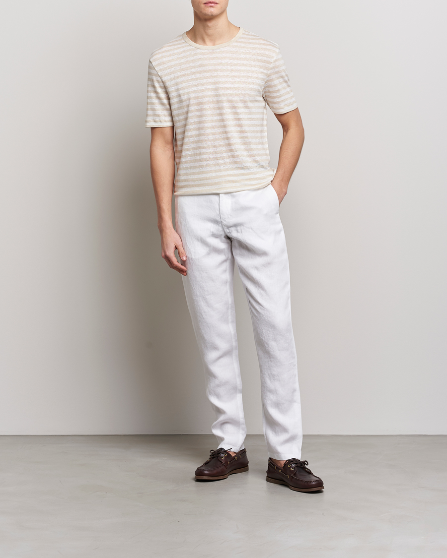 Herr | T-Shirts | BOSS BLACK | Tiburt Striped Linen Crew Neck T-Shirt Open White