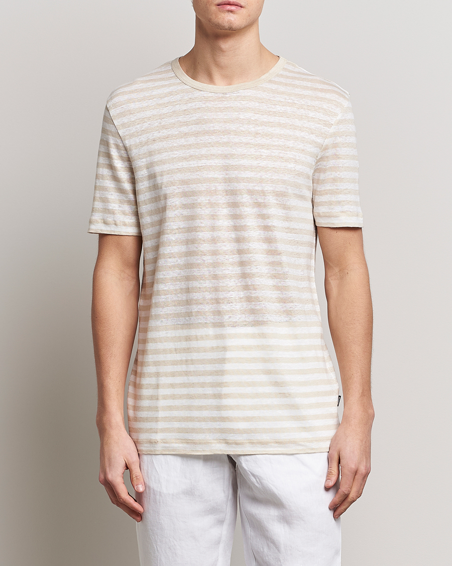 Herr |  | BOSS BLACK | Tiburt Striped Linen Crew Neck T-Shirt Open White 