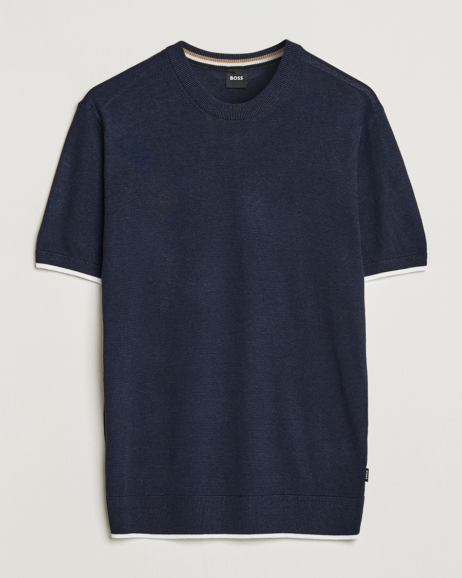 Herr | T-Shirts | BOSS BLACK | Giacco Knitted Crew Neck T-Shirt Dark Blue