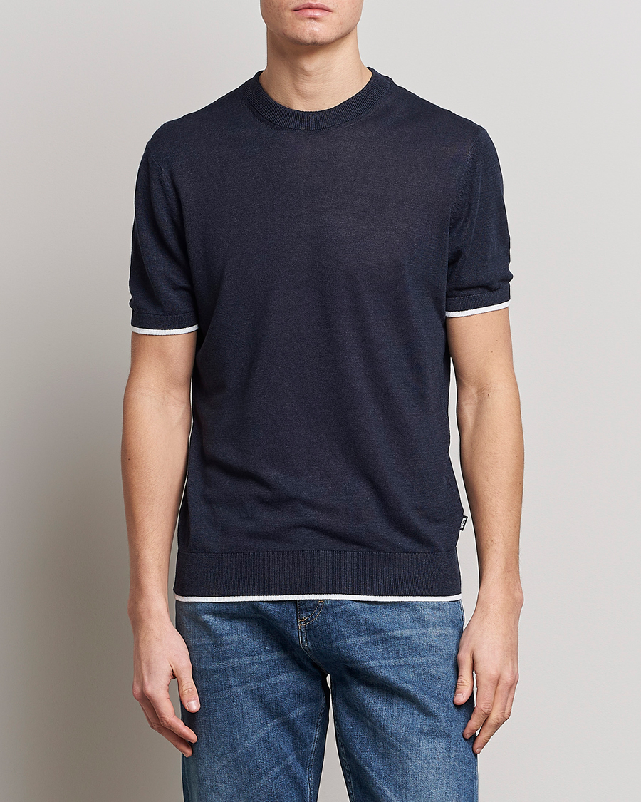 Herr | T-Shirts | BOSS BLACK | Giacco Knitted Crew Neck T-Shirt Dark Blue
