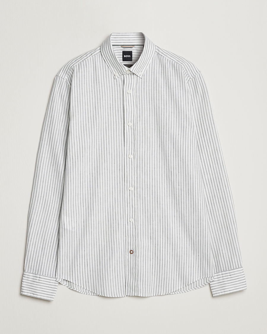 Herr | Skjortor | BOSS BLACK | Hal Cotton/Linen Striped Shirt Open Green