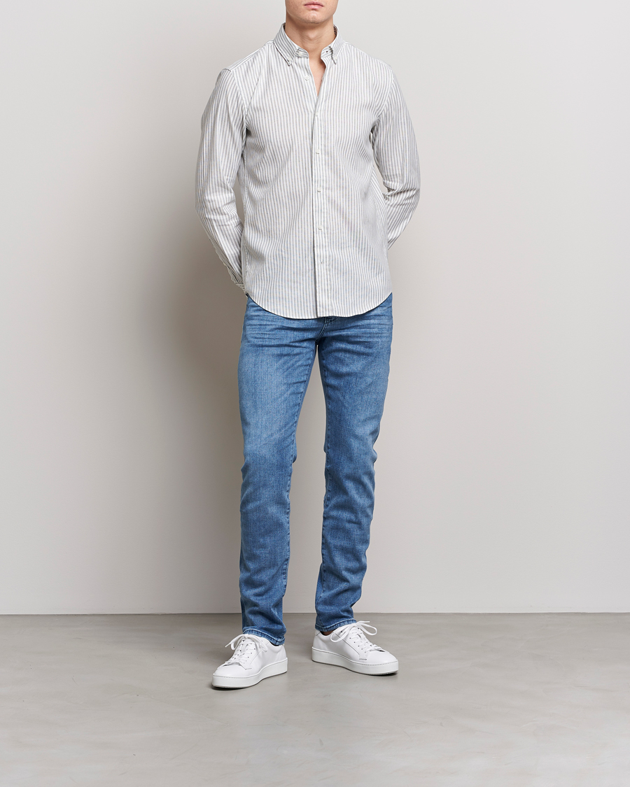 Herr | Skjortor | BOSS BLACK | Hal Cotton/Linen Striped Shirt Open Green