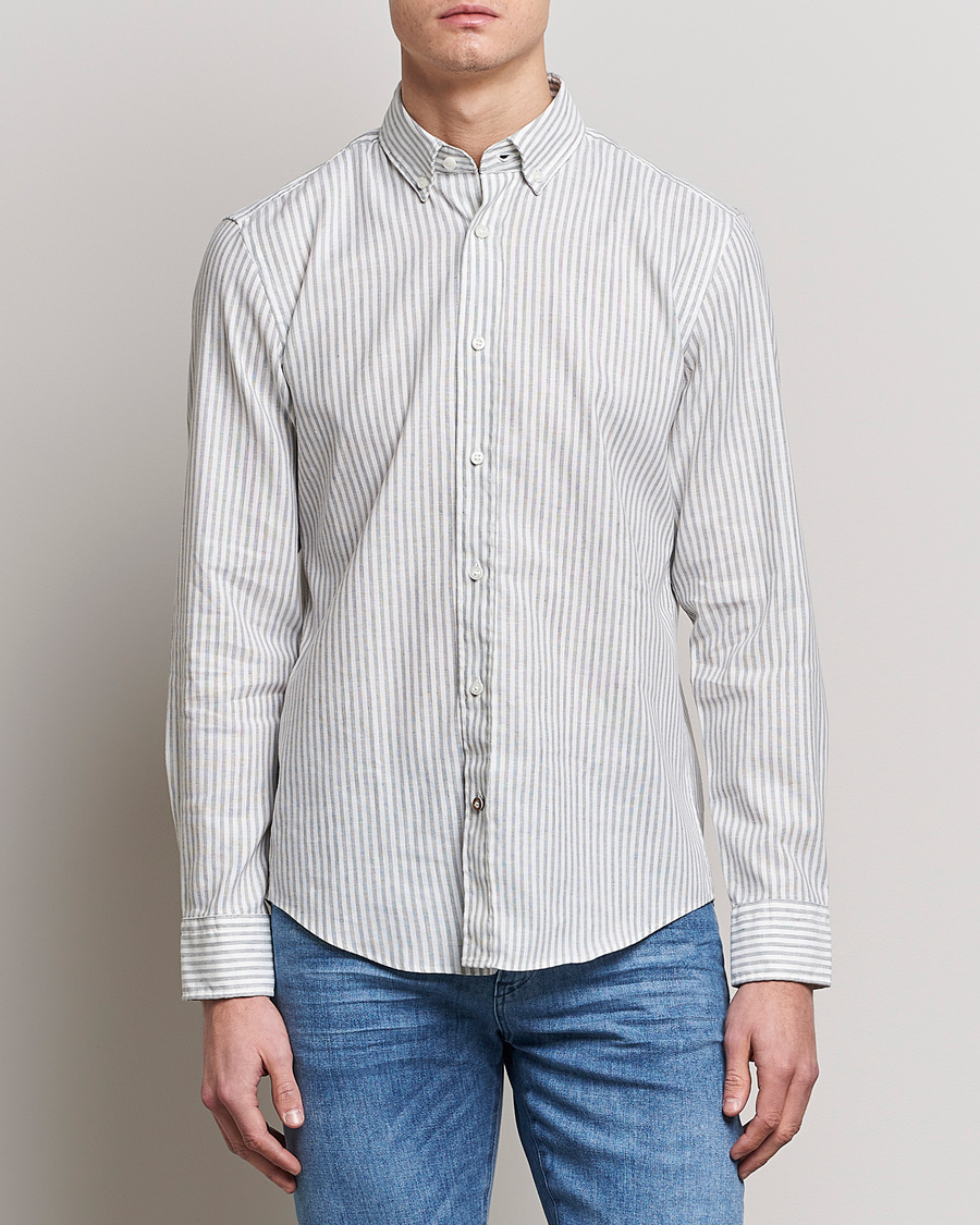 Herr | Skjortor | BOSS BLACK | Hal Cotton/Linen Striped Shirt Open Green
