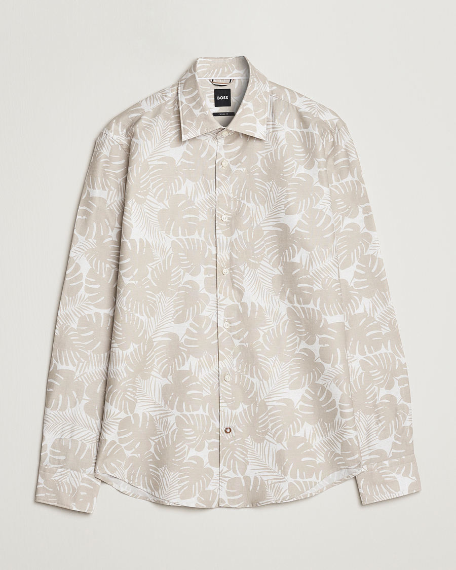 Herr | Skjortor | BOSS BLACK | Hal Cotton/Linen Flower Shirt Light Beige