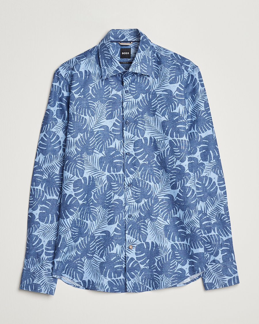 Herr | Skjortor | BOSS BLACK | Hal Cotton/Linen Flower Shirt Open Blue