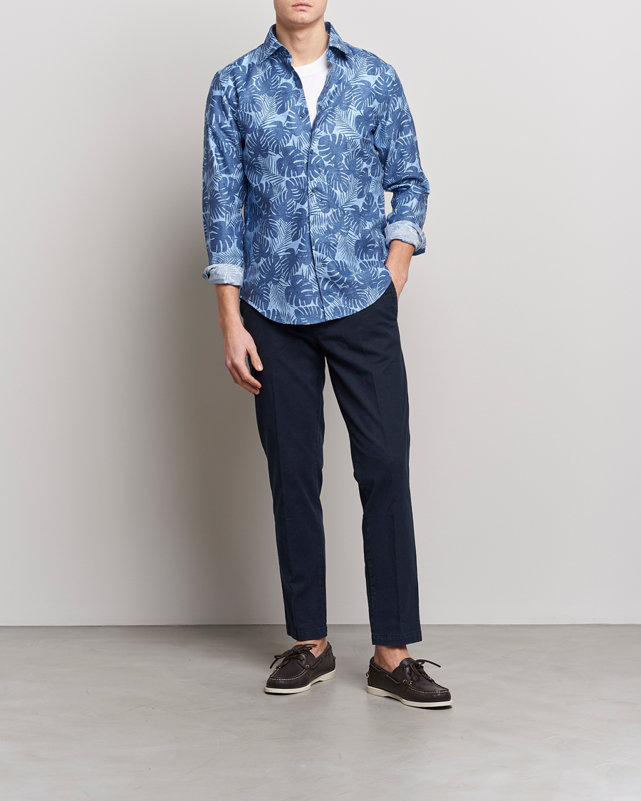 Herr | Skjortor | BOSS BLACK | Hal Cotton/Linen Flower Shirt Open Blue