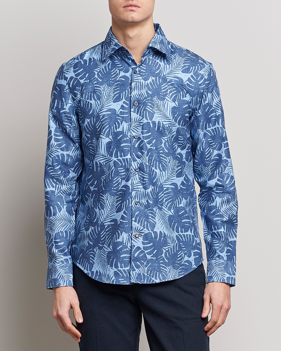 Herr | Casualskjortor | BOSS BLACK | Hal Cotton/Linen Flower Shirt Open Blue