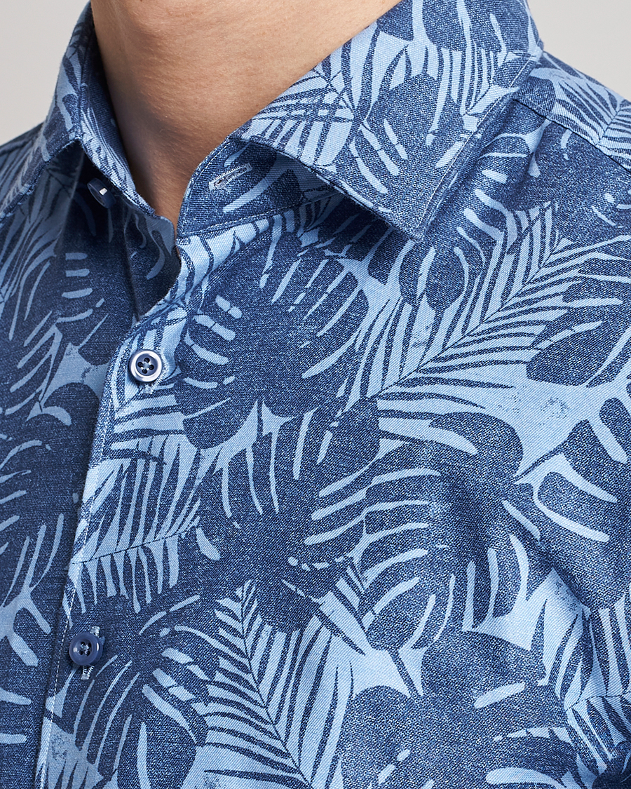 Herr | Skjortor | BOSS BLACK | Hal Cotton/Linen Flower Shirt Open Blue