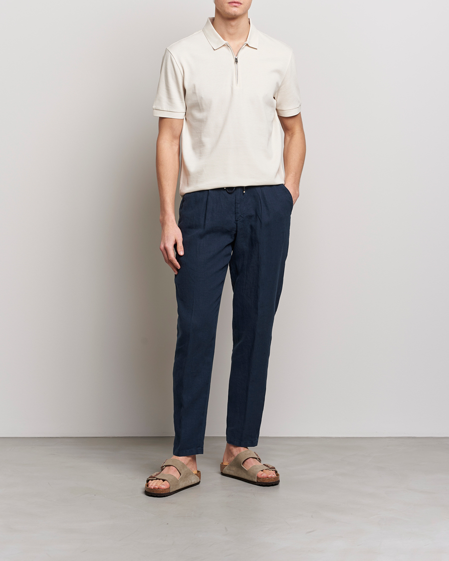 Herr | Byxor | BOSS BLACK | Genius Pleated Linen Drawstring Trousers Dark Blue