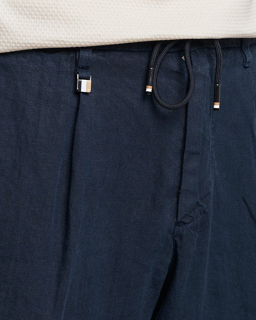 Herr | Byxor | BOSS BLACK | Genius Pleated Linen Drawstring Trousers Dark Blue