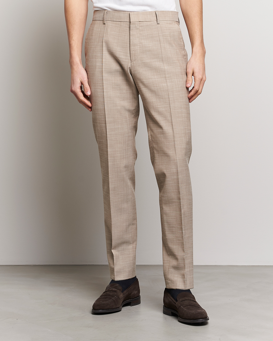 Herr | Kostymbyxor | BOSS BLACK | Genius Wool/Cotton Pleated Trousers Light Beige