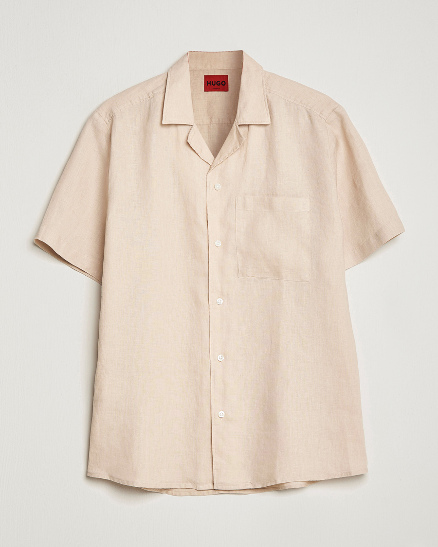 Herr | Skjortor | HUGO | Ellino Linen Resort Collar Short Sleeve Shirt Beige