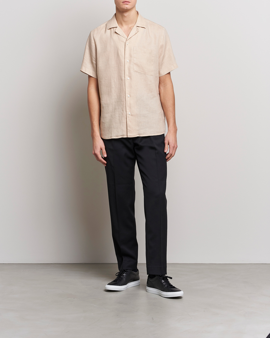Herr | Skjortor | HUGO | Ellino Linen Resort Collar Short Sleeve Shirt Beige