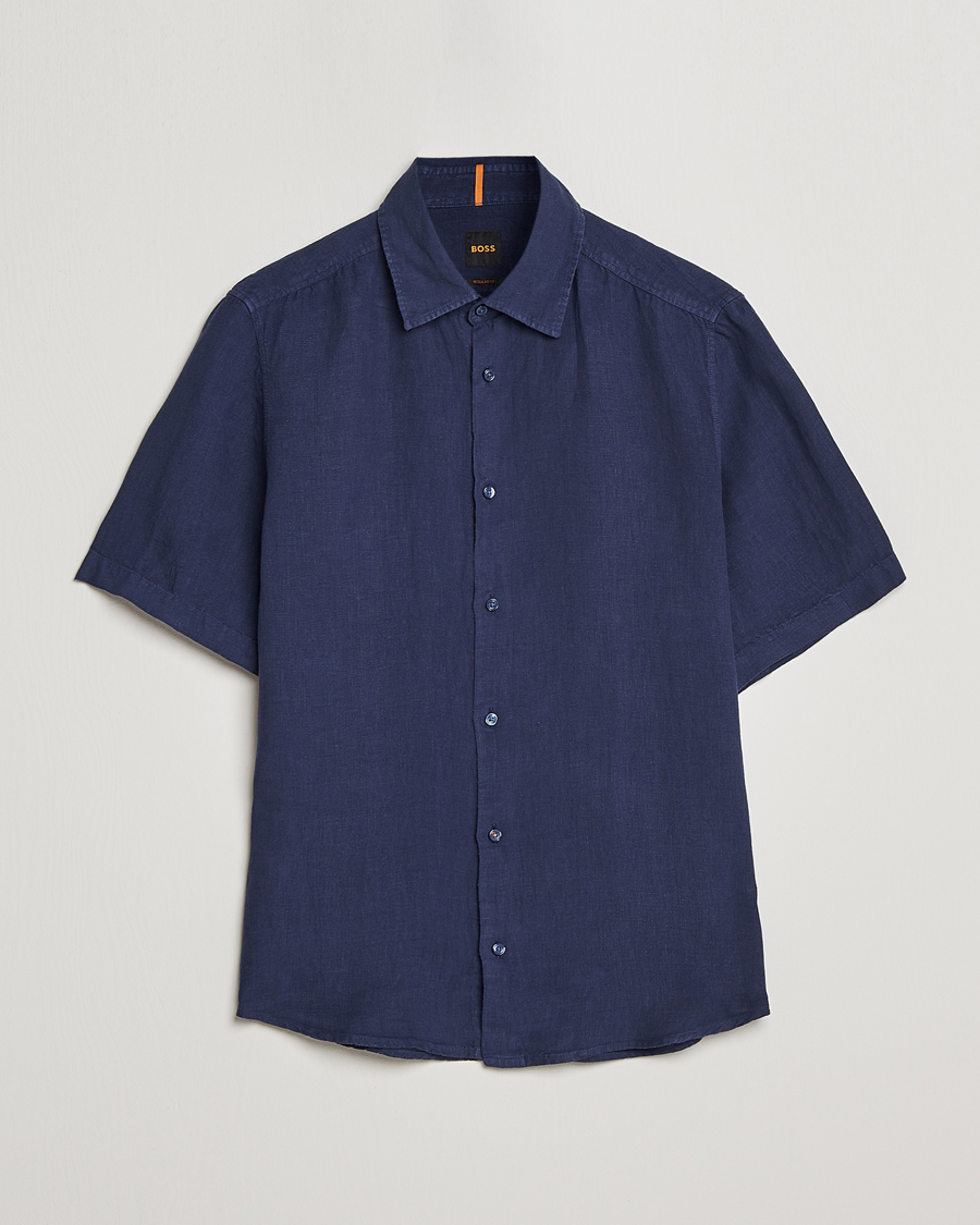 Herr | Skjortor | BOSS ORANGE | Rash Linen Short Sleeve Shirt Navy