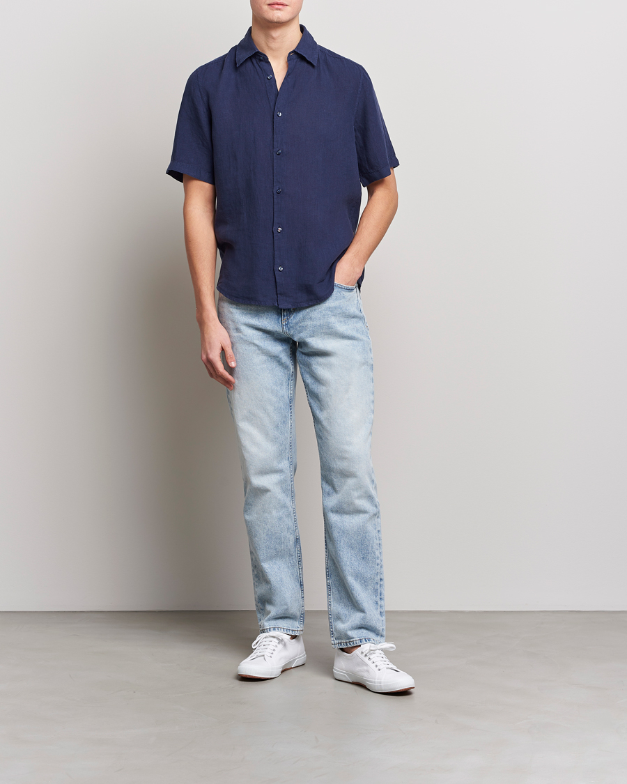 Herr | Skjortor | BOSS ORANGE | Rash Linen Short Sleeve Shirt Navy