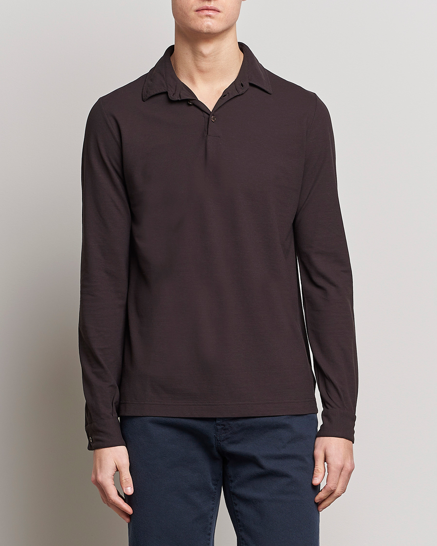 Herr | Långärmade pikéer | Zanone | Ice Cotton Long Sleeve Polo Dark Brown
