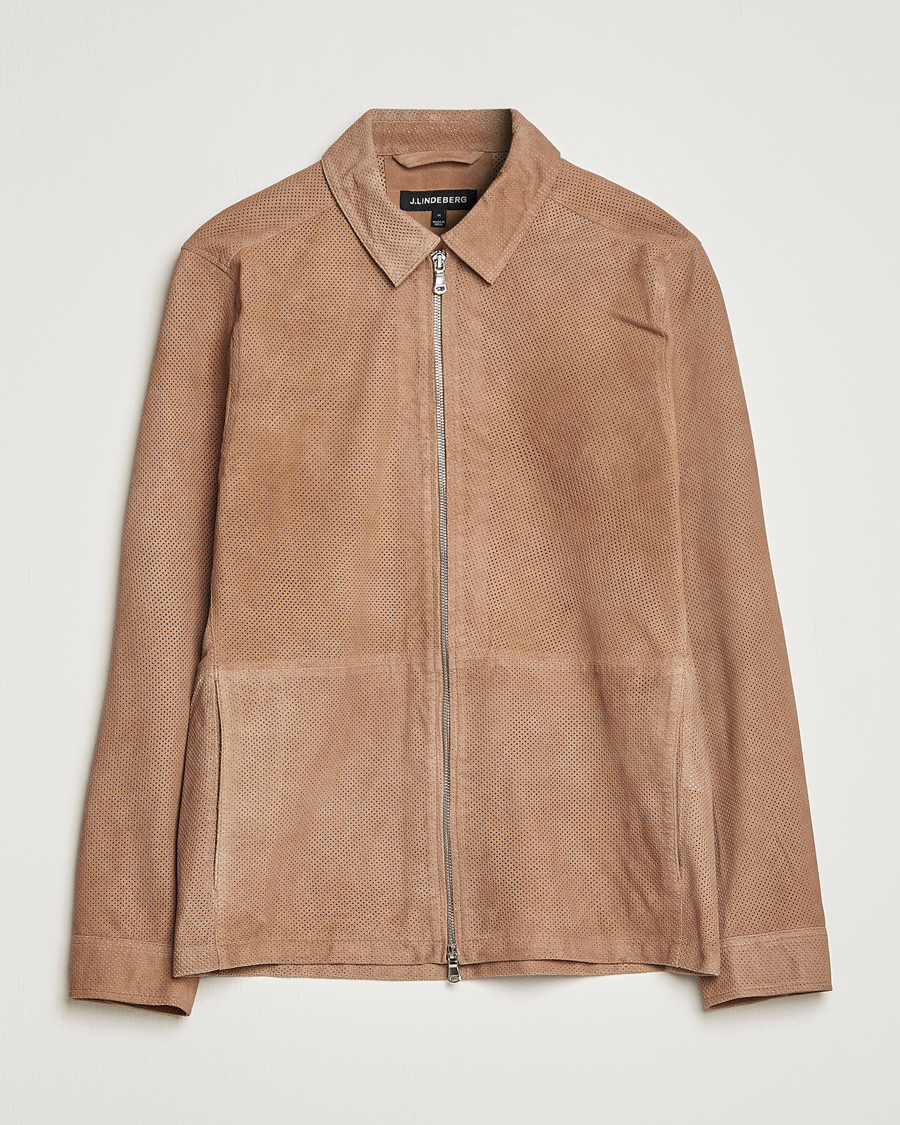 Herr | Jackor | J.Lindeberg | Jonah Perforated Suede Overshirt Tiger Brown