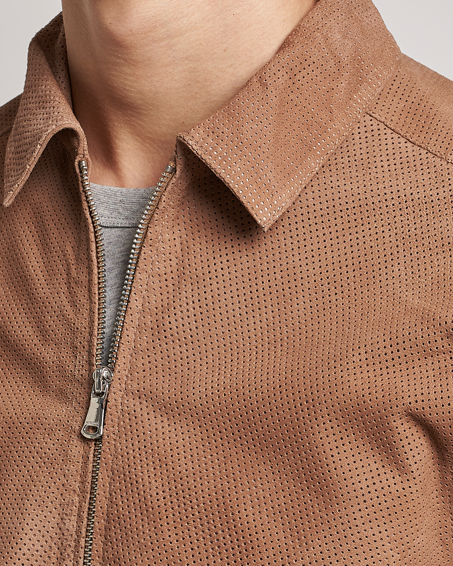 Herr | Jackor | J.Lindeberg | Jonah Perforated Suede Overshirt Tiger Brown