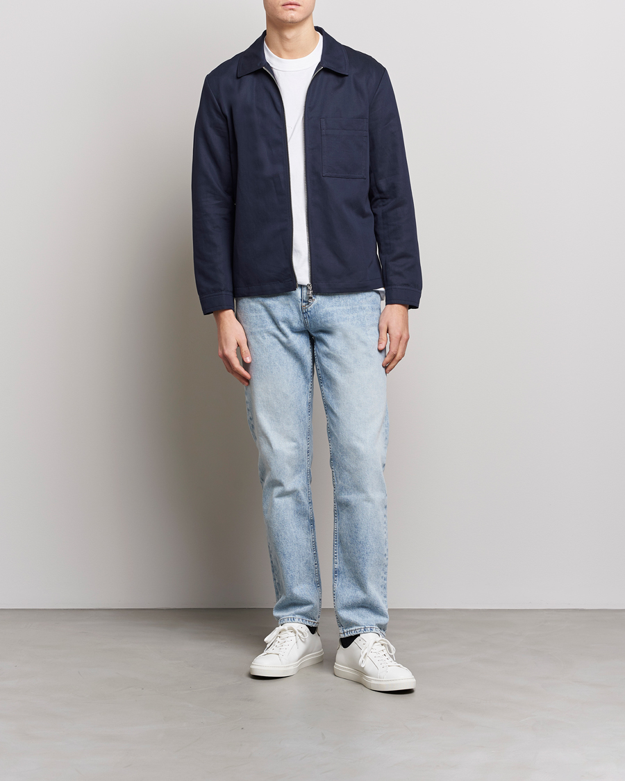 Herr | Skjortor | J.Lindeberg | Jason Cotton/Linen Stretch Zip Overshirt Navy