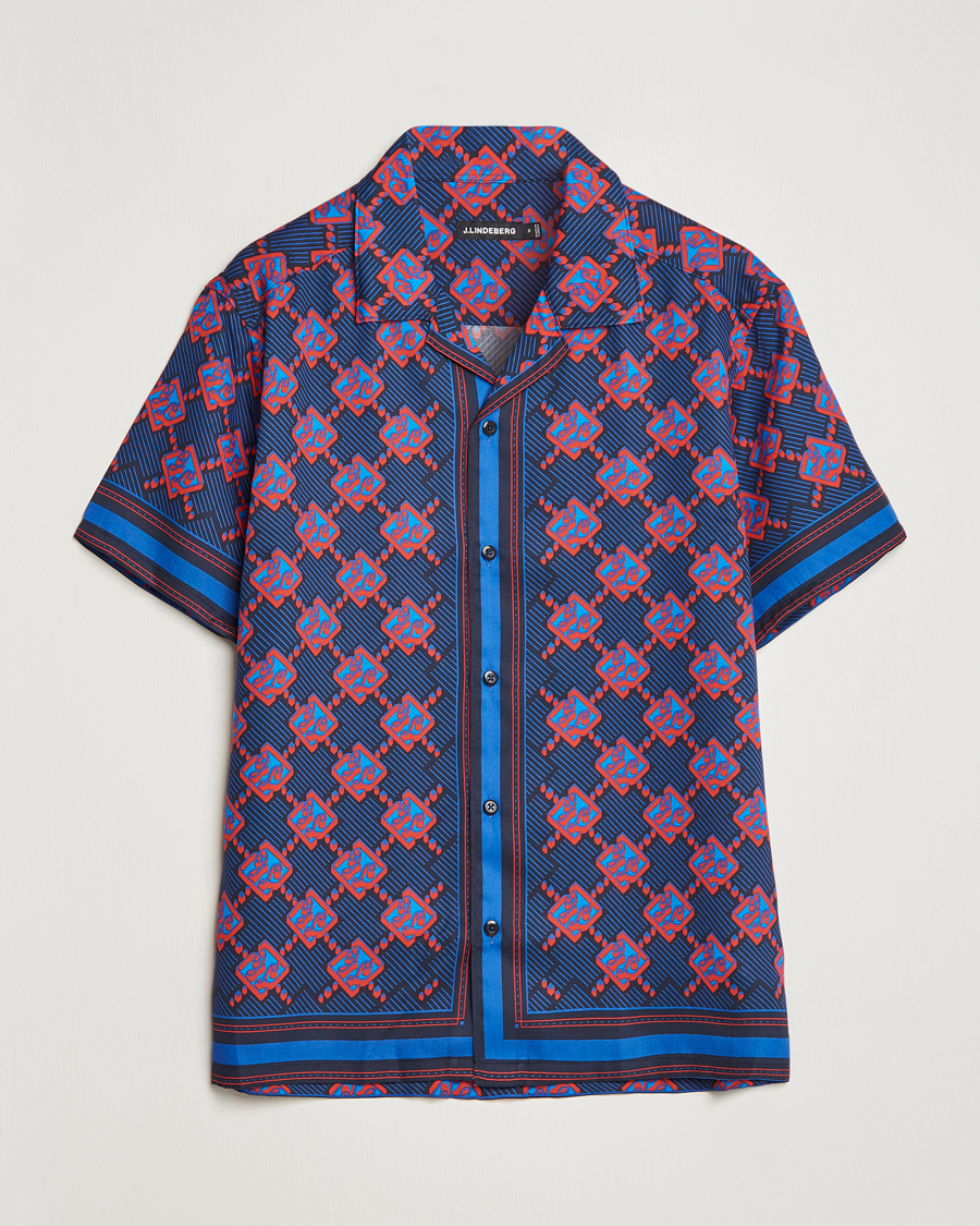 Herr | Skjortor | J.Lindeberg | Elio Diamond JL Print Short Sleev Lyocell Shirt Navy