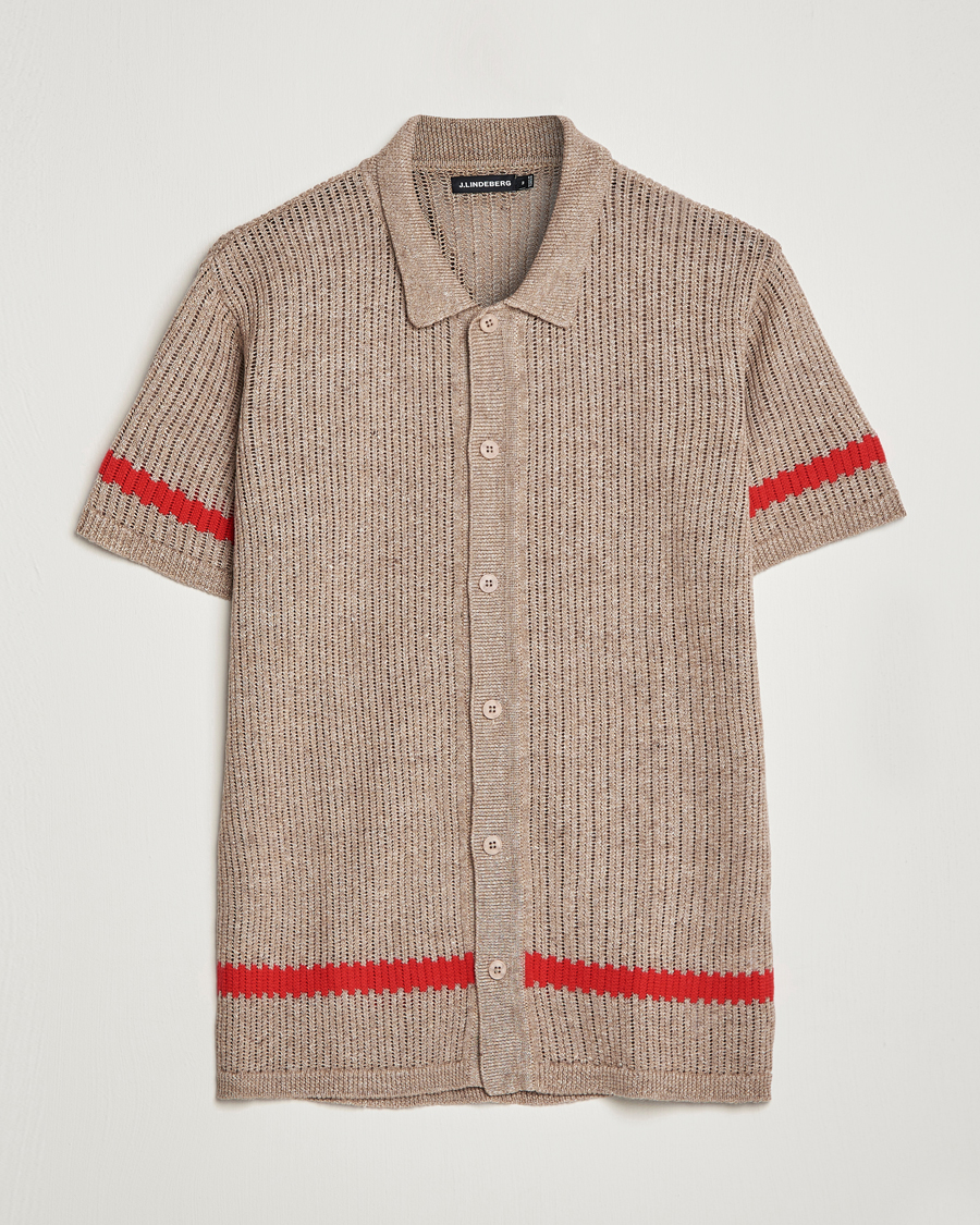 Herr | Skjortor | J.Lindeberg | Sky Knitted Linen/Merino Short Sleeve Shirt Beige