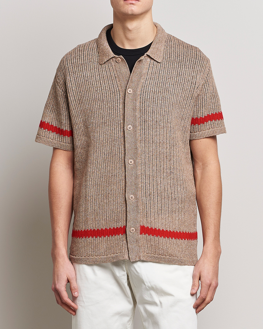 Herr | Skjortor | J.Lindeberg | Sky Knitted Linen/Merino Short Sleeve Shirt Beige